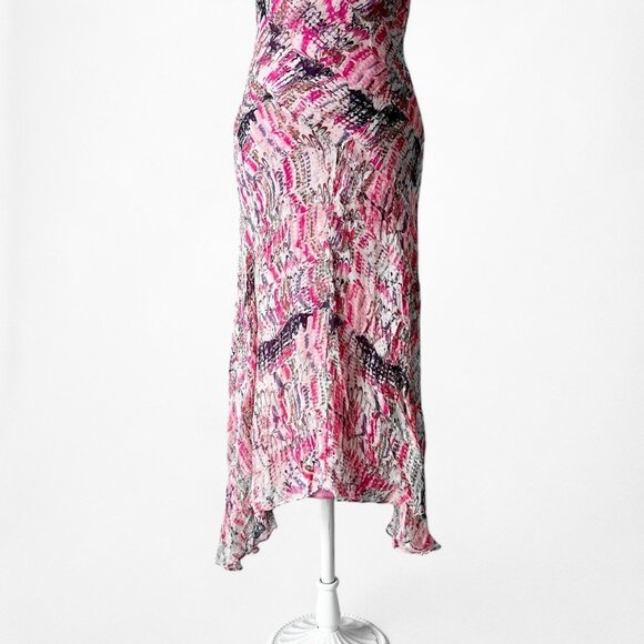 Vintage Pink Silk Lace Detail Asymmetric Hem Cocktail Midi Dress Size S/M - Picture 8 of 9